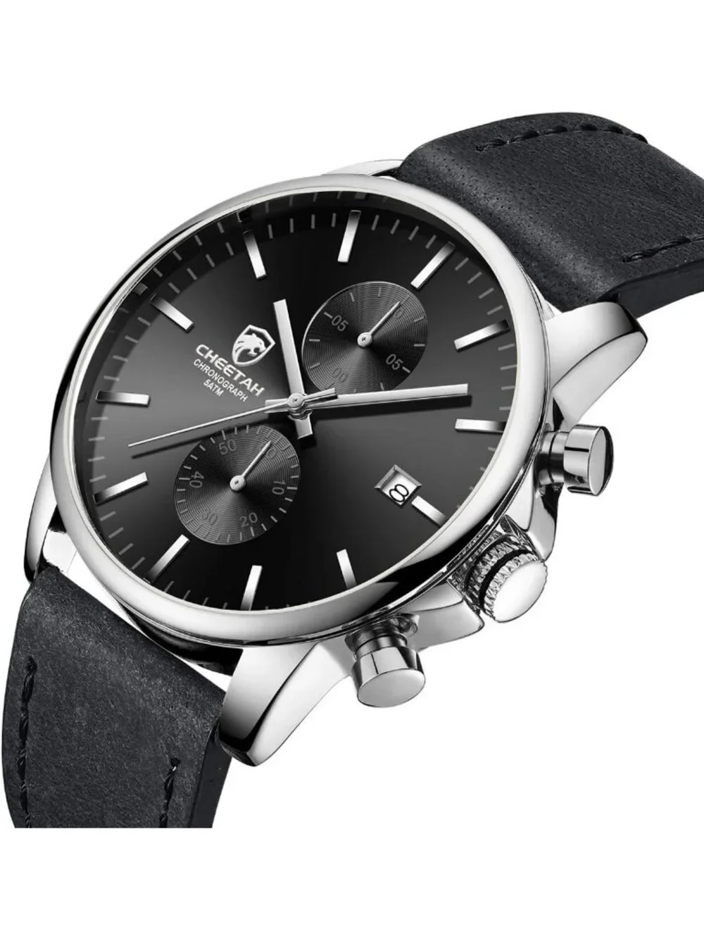 Men's Silver Gray Leather Strap Fashion Minimalist Analog Chronograph Watch